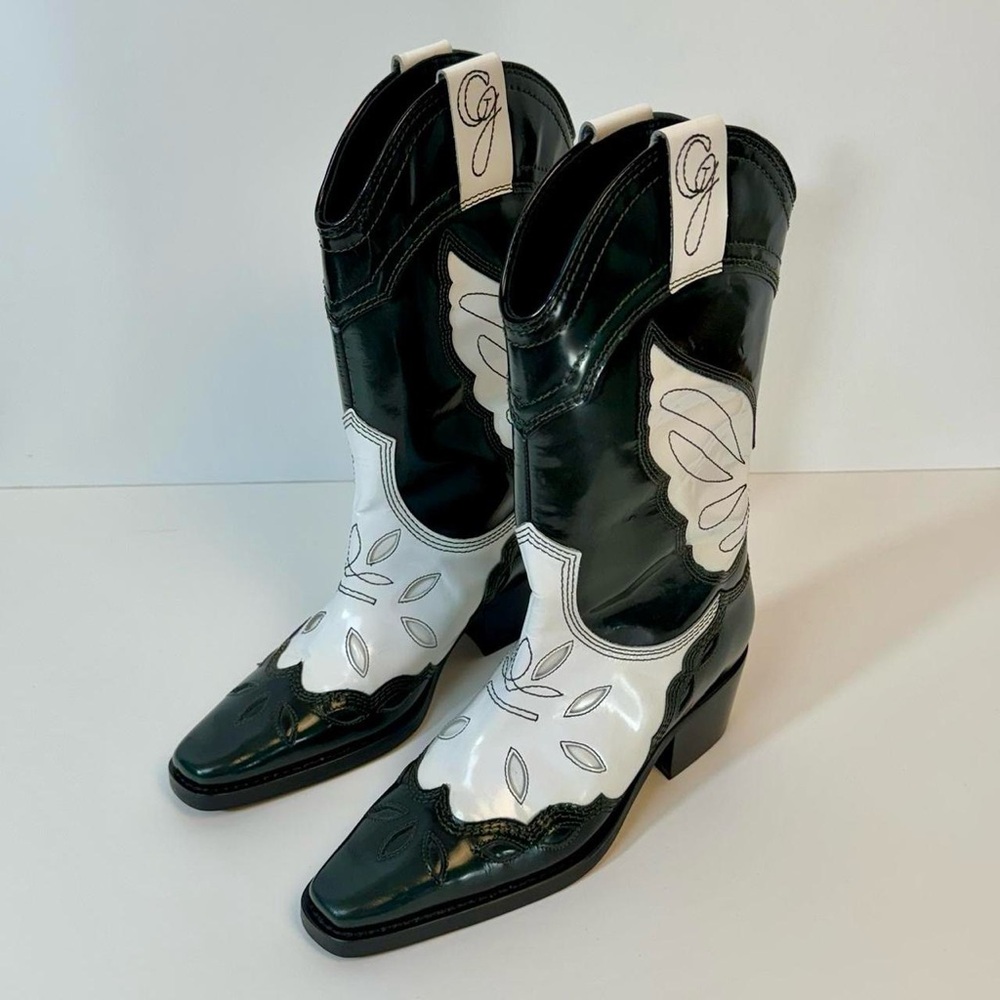 Ganni green/ white cowboy boots with floral design and butterfly wings. Size 36